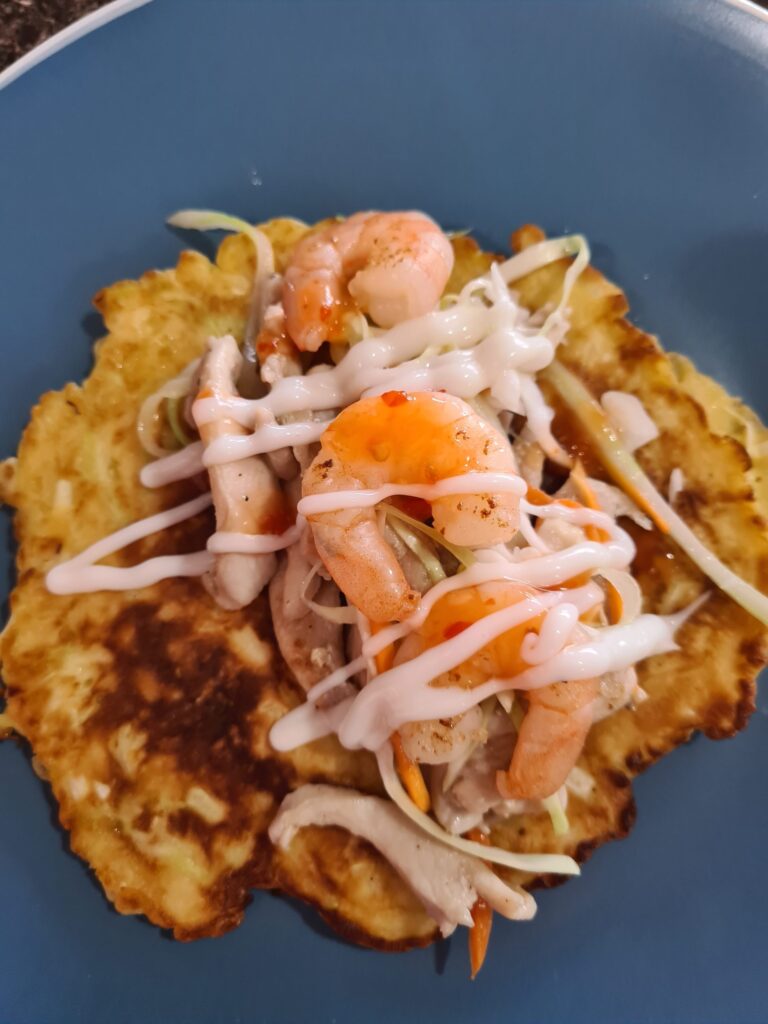 my take on Okonomiyaki with prawns scaled